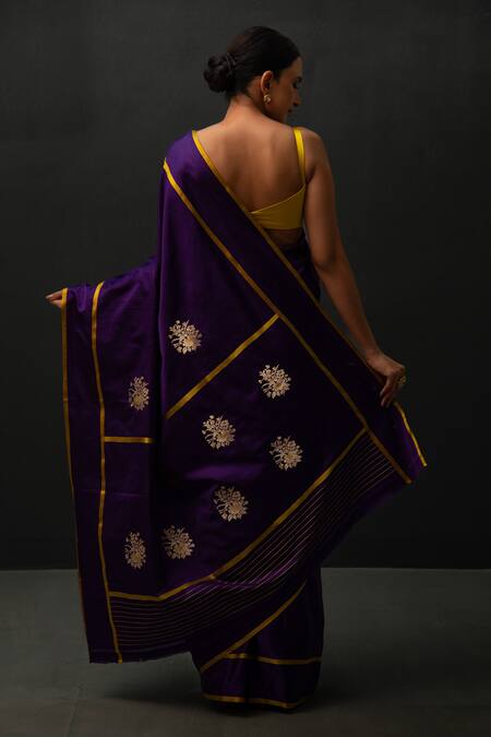 Shop Sacred Weaves Purple Satin Zari Meenakari Floral Butti Pattern Saree at Aza Fashions Shop_Sacred Weaves_Purple Satin Zari Meenakari Floral Butti Pattern Saree_at_Aza_Fashions