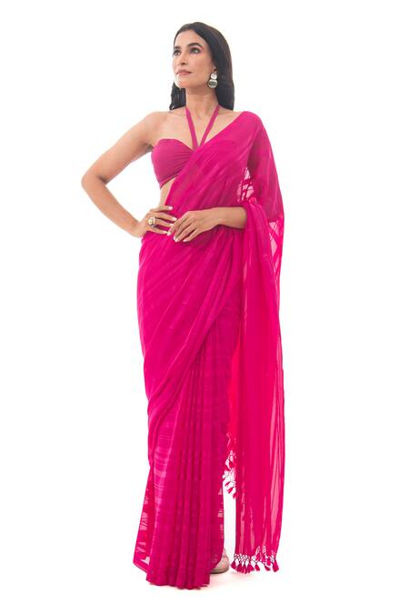 Sacred Weaves_Pink Georgette Tonal Stripe Saree_Online_at_Aza_Fashions