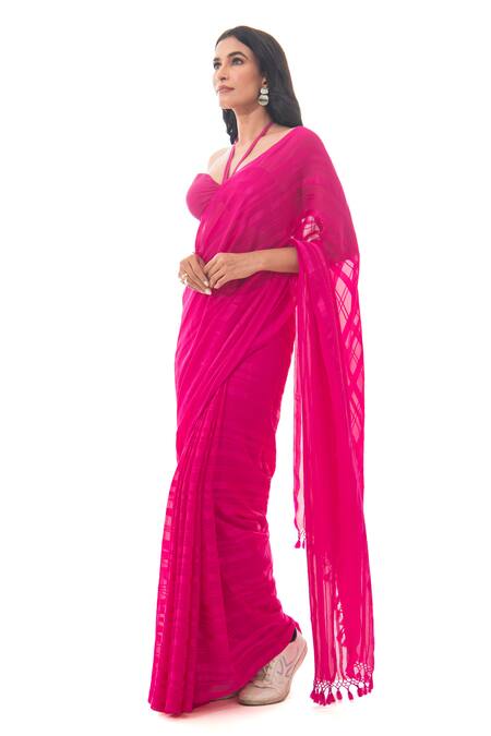 Buy_Sacred Weaves_Pink Georgette Tonal Stripe Saree_Online_at_Aza_Fashions