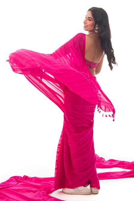 Sacred Weaves_Pink Georgette Tonal Stripe Saree_at_Aza_Fashions