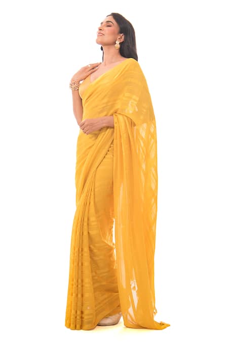 Sacred Weaves Yellow Georgette Tassels Mustard Tonal Stripe Saree Online at Aza Fashions Sacred Weaves_Yellow Georgette Tassels Mustard Tonal Stripe Saree_Online_at_Aza_Fashions