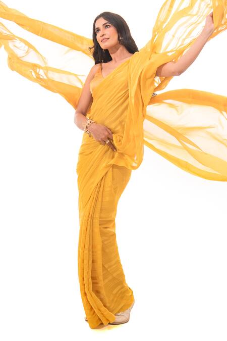 Shop Sacred Weaves Yellow Georgette Tassels Mustard Tonal Stripe Saree Online at Aza Fashions Shop_Sacred Weaves_Yellow Georgette Tassels Mustard Tonal Stripe Saree_Online_at_Aza_Fashions