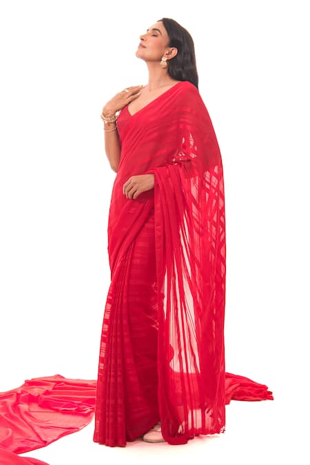 Shop Sacred Weaves Red Georgette Tassels Asymmetric Stripe Pattern Saree at Aza Fashions Shop_Sacred Weaves_Red Georgette Tassels Asymmetric Stripe Pattern Saree_at_Aza_Fashions