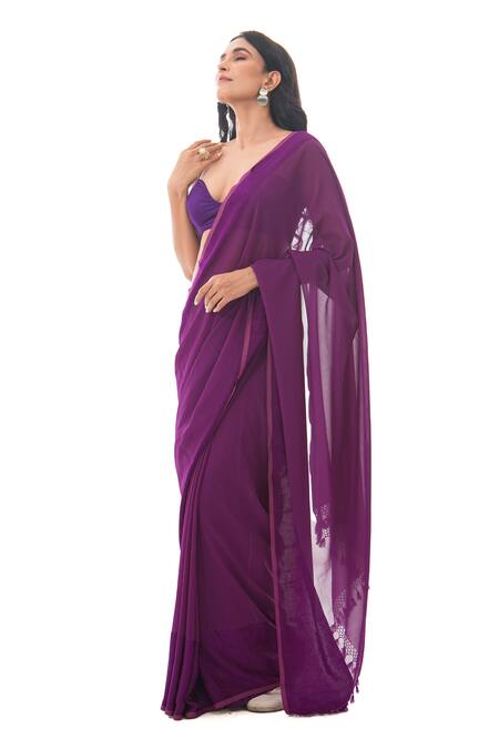 Sacred Weaves_Purple Georgette Placement Paisley Saree_Online_at_Aza_Fashions