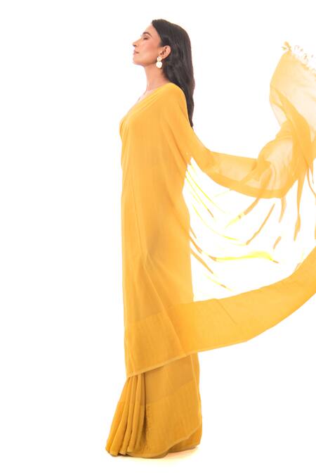 Sacred Weaves_Yellow Georgette Tassels Paisley Pattern Saree_Online_at_Aza_Fashions