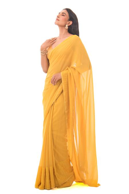 Sacred Weaves_Yellow Georgette Tassels Paisley Pattern Saree_at_Aza_Fashions