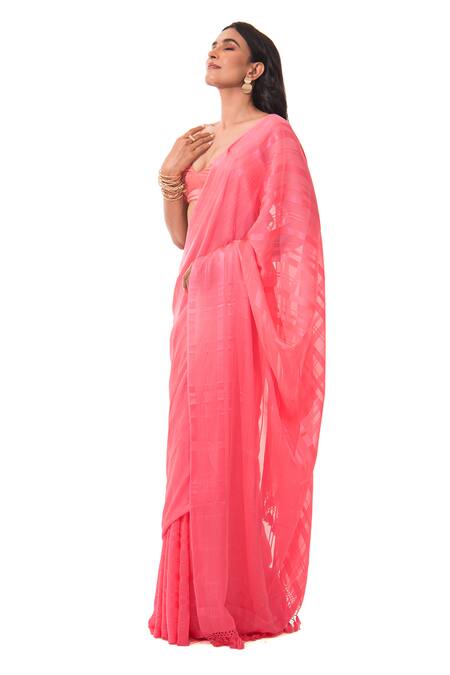 Sacred Weaves Pink Georgette Tassels Coral Stripe Saree Online at Aza Fashions Sacred Weaves_Pink Georgette Tassels Coral Stripe Saree_Online_at_Aza_Fashions