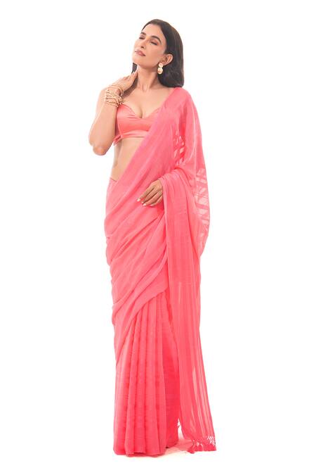 Shop Sacred Weaves Pink Georgette Tassels Coral Stripe Saree at Aza Fashions Shop_Sacred Weaves_Pink Georgette Tassels Coral Stripe Saree_at_Aza_Fashions