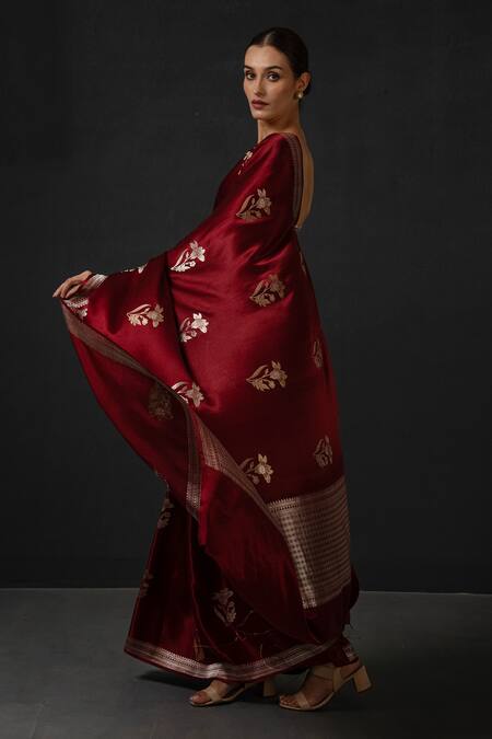 Buy Sacred Weaves Brown Satin Embroidery Floral Bloom Butti Saree Online at Aza Fashions Buy_Sacred Weaves_Brown Satin Embroidery Floral Bloom Butti Saree_Online_at_Aza_Fashions