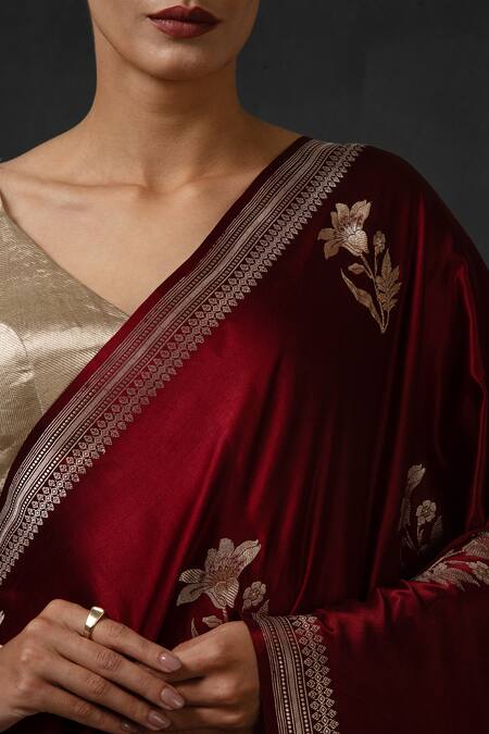 Shop Sacred Weaves Brown Satin Embroidery Floral Bloom Butti Saree Online at Aza Fashions Shop_Sacred Weaves_Brown Satin Embroidery Floral Bloom Butti Saree_Online_at_Aza_Fashions