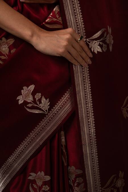 Sacred Weaves Brown Satin Embroidery Floral Bloom Butti Saree at Aza Fashions Sacred Weaves_Brown Satin Embroidery Floral Bloom Butti Saree_at_Aza_Fashions