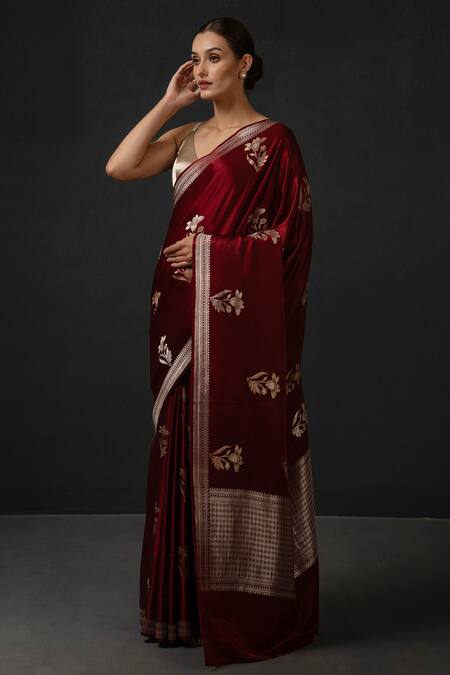 Buy Sacred Weaves Brown Satin Embroidery Floral Bloom Butti Saree Buy_Sacred Weaves_Brown Satin Embroidery Floral Bloom Butti Saree