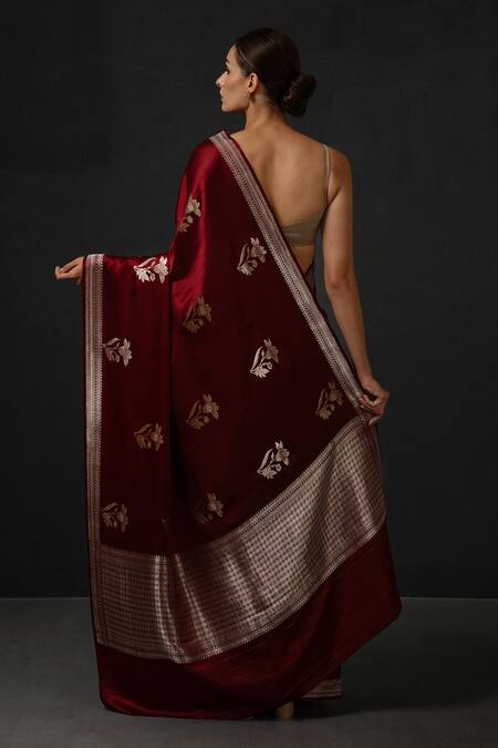 Shop Sacred Weaves Brown Satin Embroidery Floral Bloom Butti Saree at Aza Fashions Shop_Sacred Weaves_Brown Satin Embroidery Floral Bloom Butti Saree_at_Aza_Fashions