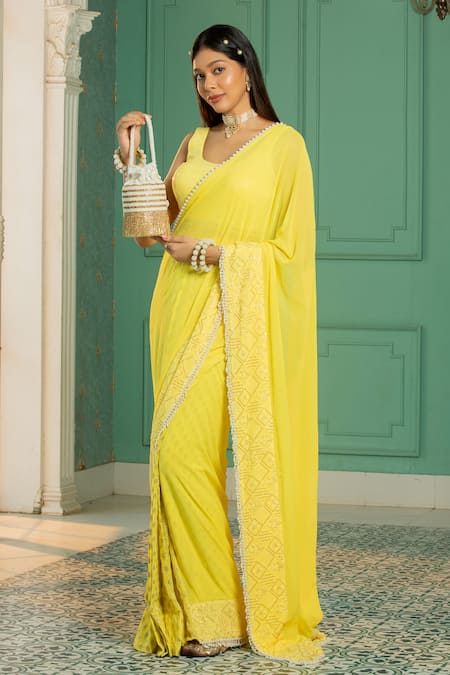 Monk & Mei By Sonia Anand_Yellow Georgette, Linen Pearls, Sequins, Leaf Woven Pre-draped Saree With Blouse _at_Aza_Fashions