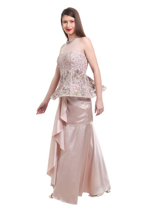 Isha Regalia_Beige Net, Satin Embroidery, Sequins, Beads Hand Top And Draped Skirt Set _Online_at_Aza_Fashions