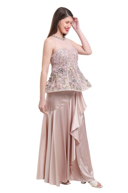 Shop_Isha Regalia_Beige Net, Satin Embroidery, Sequins, Beads Hand Top And Draped Skirt Set _Online_at_Aza_Fashions
