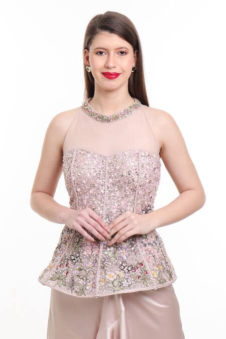 Isha Regalia_Beige Net, Satin Embroidery, Sequins, Beads Hand Top And Draped Skirt Set _at_Aza_Fashions