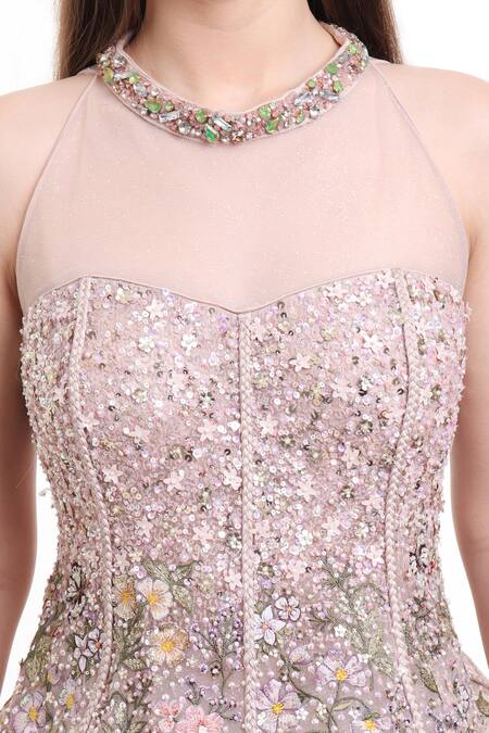 Buy_Isha Regalia_Beige Net, Satin Embroidery, Sequins, Beads Hand Top And Draped Skirt Set 