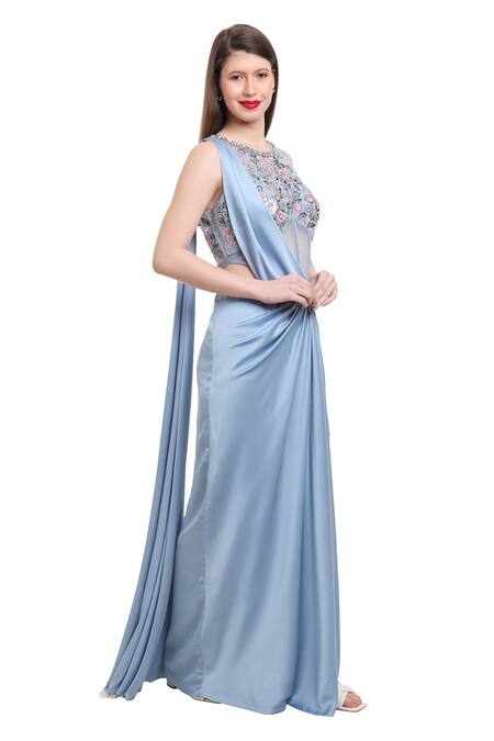 Isha Regalia_Blue Net, Satin Cut Work, Embroidery, Sequins Pre-draped Saree With Bodysuit _Online_at_Aza_Fashions
