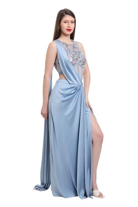 Buy_Isha Regalia_Blue Net, Satin Cut Work, Embroidery, Sequins Pre-draped Saree With Bodysuit _Online_at_Aza_Fashions
