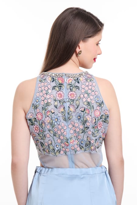 Isha Regalia_Blue Net, Satin Cut Work, Embroidery, Sequins Pre-draped Saree With Bodysuit _at_Aza_Fashions