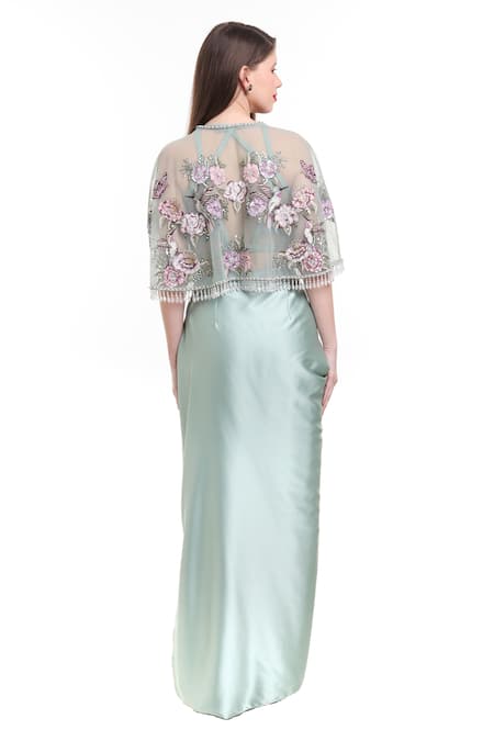 Isha Regalia Floral Embroidered Cape Draped Skirt Set 