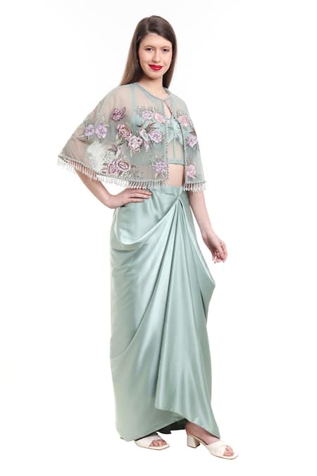 Isha Regalia_Green Satin, Net Embroidery, Sequins Asymmetric Floral Cape Draped Skirt Set _Online_at_Aza_Fashions