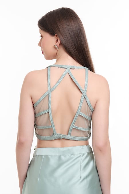 Buy_Isha Regalia_Green Satin, Net Embroidery, Sequins Asymmetric Floral Cape Draped Skirt Set _Online_at_Aza_Fashions