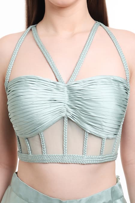 Isha Regalia_Green Satin, Net Embroidery, Sequins Asymmetric Floral Cape Draped Skirt Set _at_Aza_Fashions