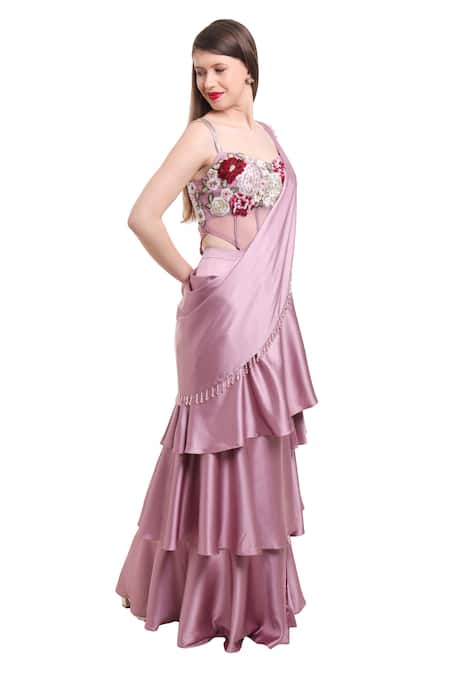Isha Regalia_Mauve Satin, Net Embroidery, Beads Sweetheart Neck Pre-draped Ruffle Saree Set _Online_at_Aza_Fashions