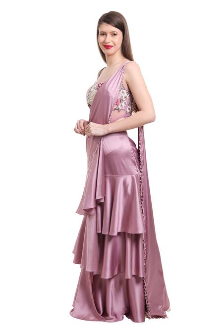 Buy_Isha Regalia_Mauve Satin, Net Embroidery, Beads Sweetheart Neck Pre-draped Ruffle Saree Set _Online_at_Aza_Fashions