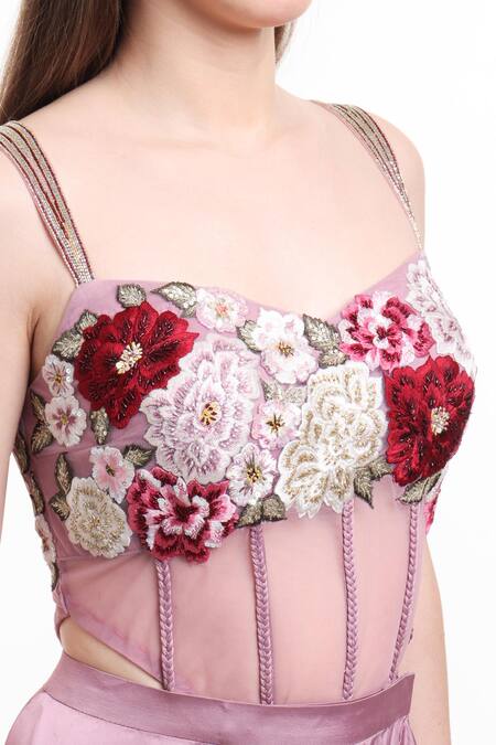 Shop_Isha Regalia_Mauve Satin, Net Embroidery, Beads Sweetheart Neck Pre-draped Ruffle Saree Set _Online_at_Aza_Fashions