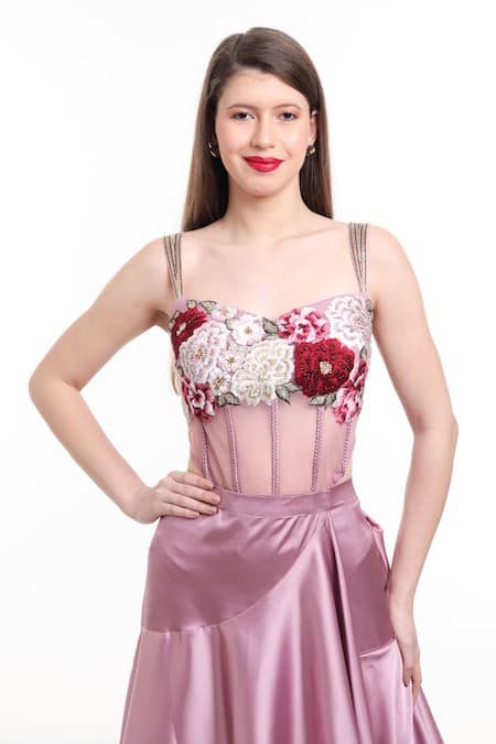 Isha Regalia_Mauve Satin, Net Embroidery, Beads Sweetheart Neck Pre-draped Ruffle Saree Set _at_Aza_Fashions