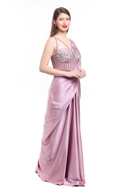 Isha Regalia_Mauve Net, Satin Sequins, Beads Floral Hand Embroidered Pre-draped Saree _Online_at_Aza_Fashions