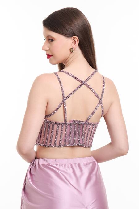 Buy_Isha Regalia_Mauve Net, Satin Sequins, Beads Floral Hand Embroidered Pre-draped Saree _Online_at_Aza_Fashions