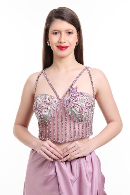 Shop_Isha Regalia_Mauve Net, Satin Sequins, Beads Floral Hand Embroidered Pre-draped Saree _Online_at_Aza_Fashions