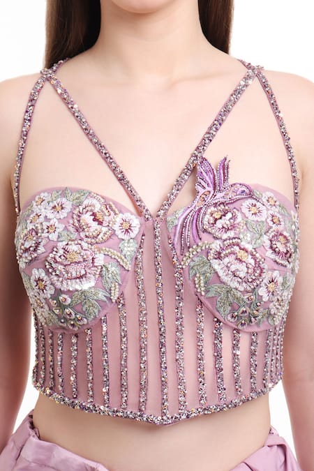 Isha Regalia_Mauve Net, Satin Sequins, Beads Floral Hand Embroidered Pre-draped Saree _at_Aza_Fashions