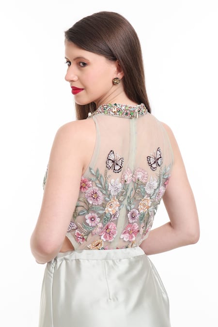 Isha Regalia Green Net, Satin Crystals, Embroidery Round Neck Pre-draped Saree And Bodysuit Online at Aza Fashions Isha Regalia_Green Net, Satin Crystals, Embroidery Round Neck Pre-draped Saree And Bodysuit _Online_at_Aza_Fashions