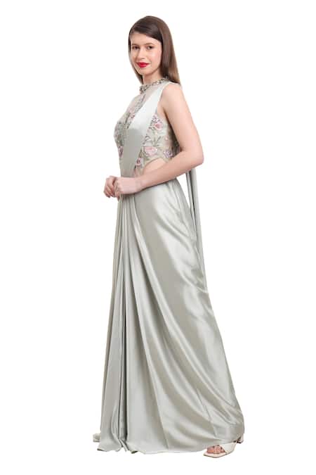 Shop Isha Regalia Green Net, Satin Crystals, Embroidery Round Neck Pre-draped Saree And Bodysuit Online at Aza Fashions Shop_Isha Regalia_Green Net, Satin Crystals, Embroidery Round Neck Pre-draped Saree And Bodysuit _Online_at_Aza_Fashions