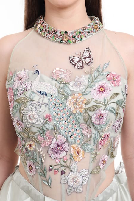 Isha Regalia Green Net, Satin Crystals, Embroidery Round Neck Pre-draped Saree And Bodysuit at Aza Fashions Isha Regalia_Green Net, Satin Crystals, Embroidery Round Neck Pre-draped Saree And Bodysuit _at_Aza_Fashions