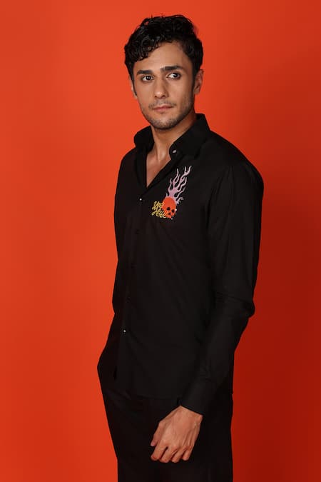 Buy_Noonoo_Black Gingham Embroidery Skull Shirt _Online_at_Aza_Fashions