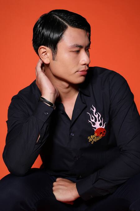 Buy_Noonoo_Blue Gingham Embroidery Skull Casual Shirt _Online_at_Aza_Fashions