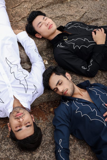 Buy_Noonoo_Navy Cotton Embroidery Abstract Thread Blue Shirt _Online_at_Aza_Fashions