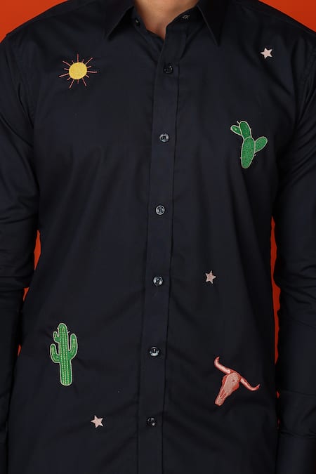 Noonoo_Blue Cotton Embroidery Navy Thread Cactus Shirt _Online_at_Aza_Fashions