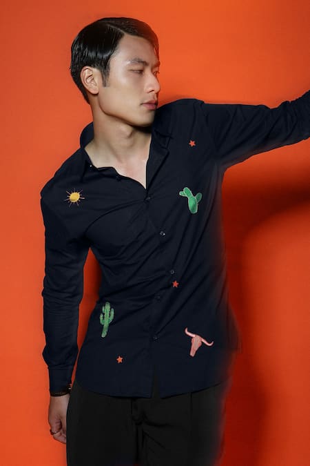 Noonoo Navy Thread Embroidered Cactus Shirt 