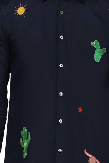 Buy_Noonoo_Blue Cotton Embroidery Navy Thread Cactus Shirt _Online_at_Aza_Fashions