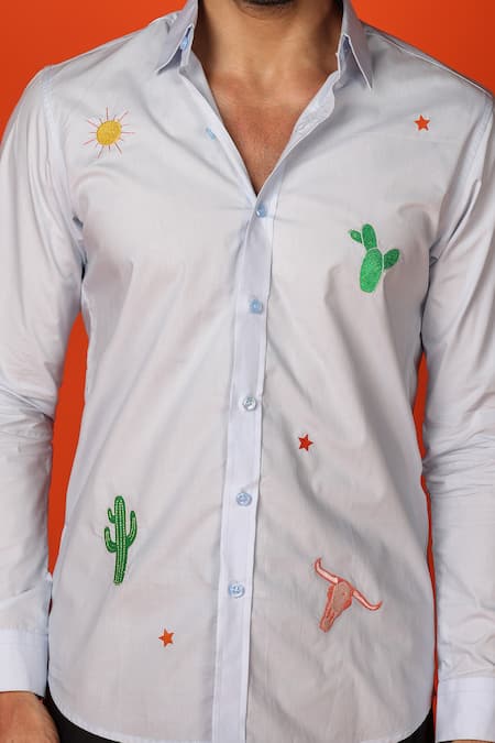 Shop_Noonoo_Blue Cotton Embroidery Cactus Sky Shirt _Online_at_Aza_Fashions