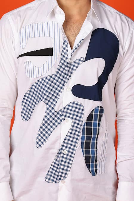 Noonoo White Cotton Embroidery Patchwork Shirt Online at Aza Fashions Noonoo_White Cotton Embroidery Patchwork Shirt _Online_at_Aza_Fashions