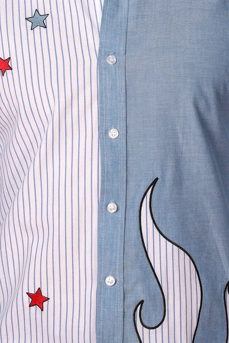 Noonoo_Blue Gingham Embroidery And White Stripe Pattern Shirt _Online_at_Aza_Fashions