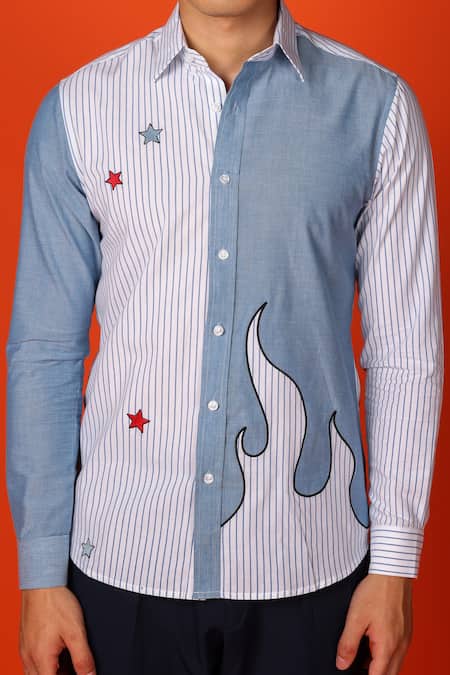 Buy_Noonoo_Blue Gingham Embroidery And White Stripe Pattern Shirt _Online_at_Aza_Fashions